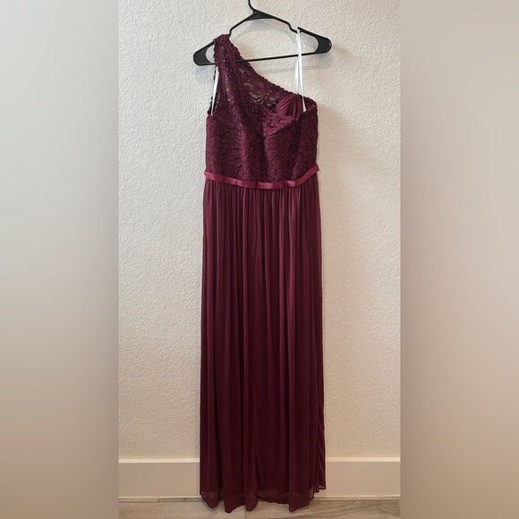David's Bridal One Shoulder Burgundy Dress - Picture 2 of 8